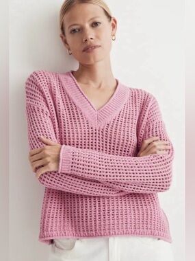 MADEWELL OPEN-STITCH V-NECK PULLOVER SWEATER, SIZE S.